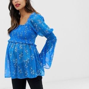 NWT ASOS Maternity Blue Floral Smocked Chiffon Blouse